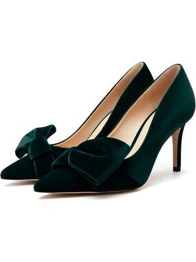 Women's Velvet Dark Emerald Green Bow Heel Closed Pointed Toe Pump Slip on Shoes